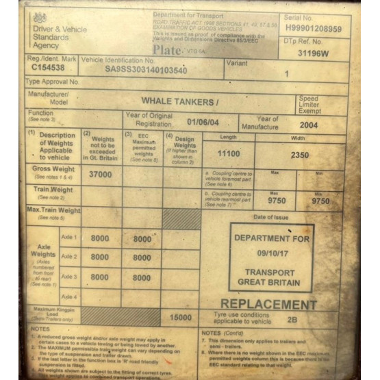 2004 WHALE WASTE DISPOSAL TANKER in Vacuum Tankers Trailers